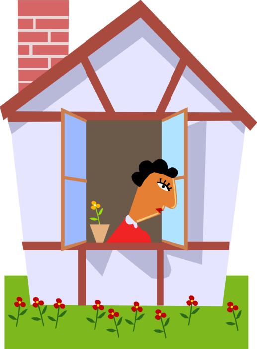 Vector Illustration Of Woman Looking Out The House - House (517x700)