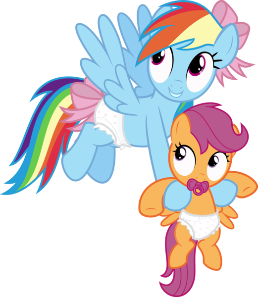 Diapered Rainbow Dash Carrying Diapered Scootaloo - Pony Friendship Is Magic Rainbow (521x600)