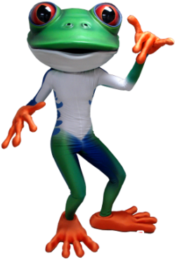 Green Frog Mascot, White, Blue And Orange - Rana Verde Con Naranja (300x400)