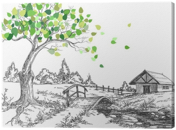 Green Leaves Spring Tree, Rural Landscape, Bridge Over - Rural Community Line Drawing (400x400)