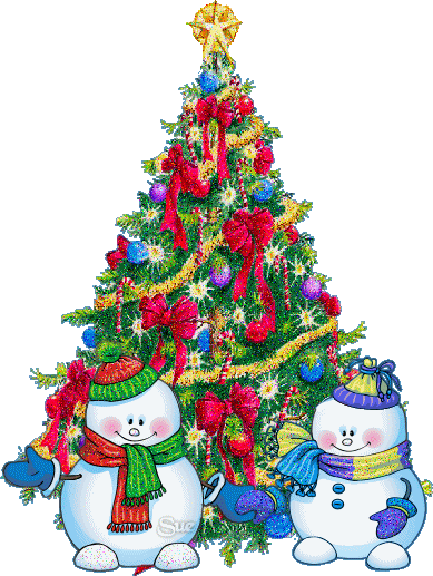 Glitter Christmas Tree With Silly Animated Snowmen - Cute Christmas Tree Animated (389x517)