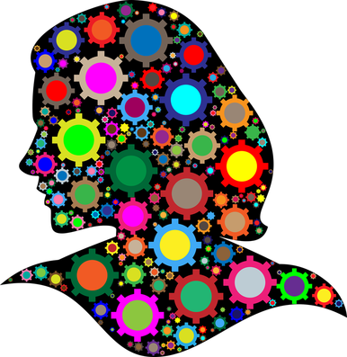 Silhouette Of Woman With Painted Mechanical Cogs Filling - Rainbow Geared Woman Silhouette Round Ornament (750x772)