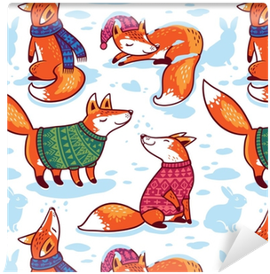 Snowy Seamless Pattern With Cartoon Foxes In Cozy Sweaters - Drawing (400x400)