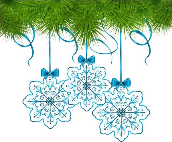 Christmas Pine Decor With Snowflakes Ornaments Png - Christmas Decorations In Blue Png (600x506)