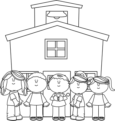 Black And White School Kids At School Clipart - School Clipart Black And White (380x400)