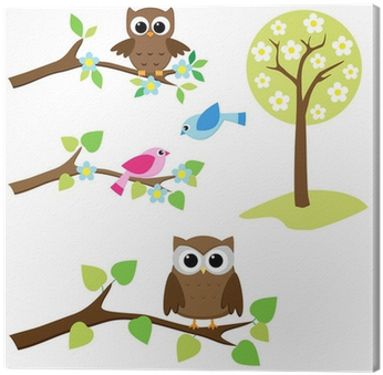 Blooming Tree And Branches With Sitting Owls And Birds - Colours Single Switch Front Plate (400x400)