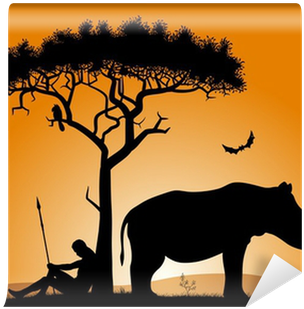 Silhouettes Of A Hunter, Trees, And Rhinoceros - Silhouette (400x400)