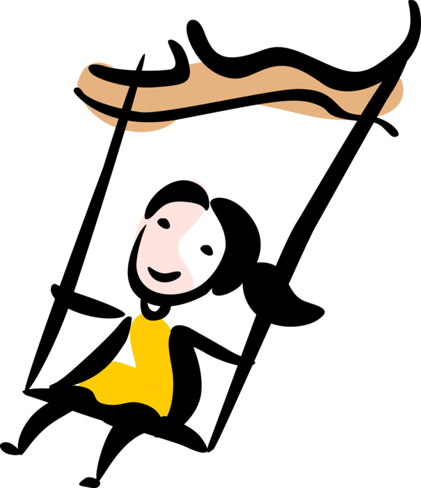 Vector Illustration Of Young Girl Swinging On Playground - Vector Illustration Of Young Girl Swinging On Playground (605x700)