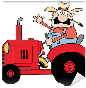 Happy Farmer In Red Tractor Waving A Greeting Wall - Cartoon Farmer (400x400)