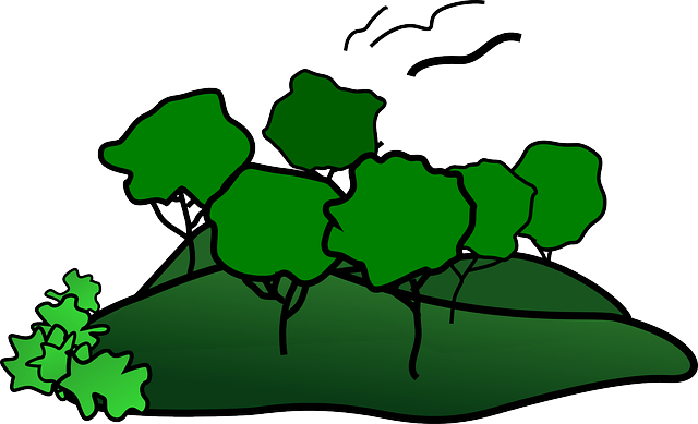 Green, Mountain, Cartoon, Landscape, Free, Trees - Mountain With Trees Clipart (640x389)