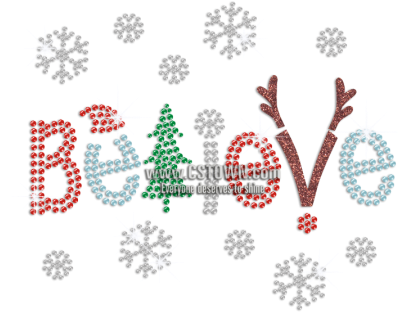 Believe With Christmas Tree And Deer Horn Glitter Rhinestone - Cross-stitch (450x450)