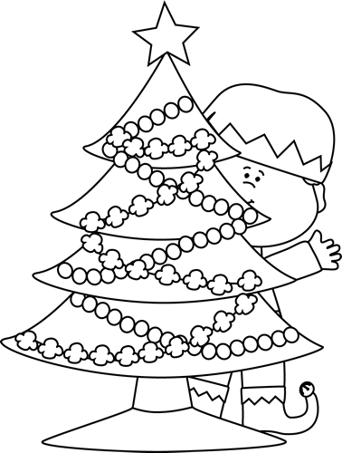 Black And White Elf Behind A Christmas Tree Clipart - Behind Clipart Black And White (378x500)