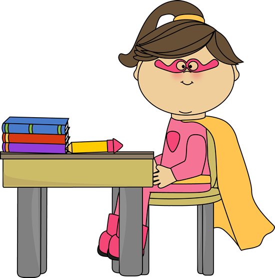 Girl Superhero At School Desk - Clip Art (550x555)