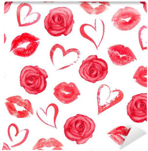 Seamless Pattern With Roses, Hearts And Trace Lips - Corazones Y Besos (400x400)