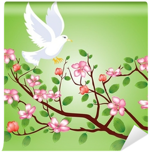 Pigeon Flying To A Flowering Cherry Branch Wall Mural - Cherry Blossom (400x400)