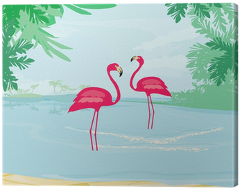Cuadro En Lienzo Ilustración Con Palmeras Verdes Y - Steinbach Sprechende Buec Flamingos Im Schnee (400x400)