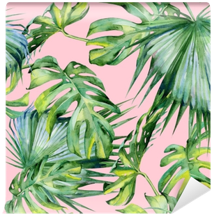 Fotomural Estándar Ilustración Acuarela Transparente - Palm Leaf Wallpaper Pink (400x400)
