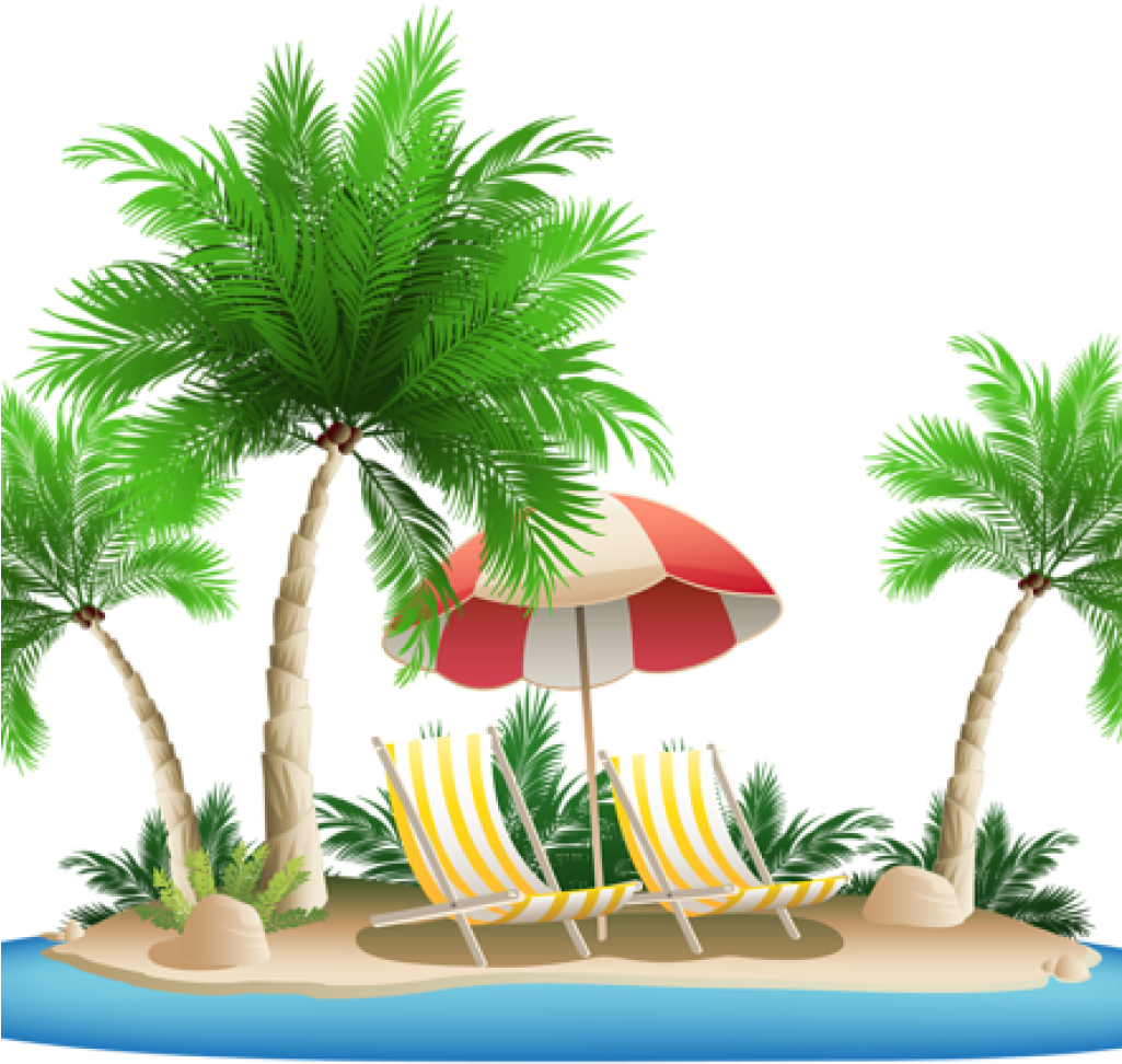 Island Clipart Beach Umbrella With Chairs And Palm - Palm Tree Beach Clipart (1024x1024)
