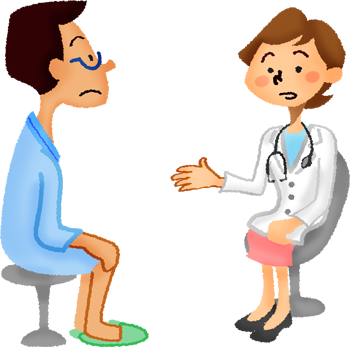 Man Wearing Hospital Gown Receiving A Medical Consultation - Physical Examination (350x347)