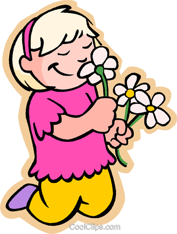 Girl Smelling Flowers Royalty Free Vector Clip Art - Smelling Flowers Clipart (363x480)