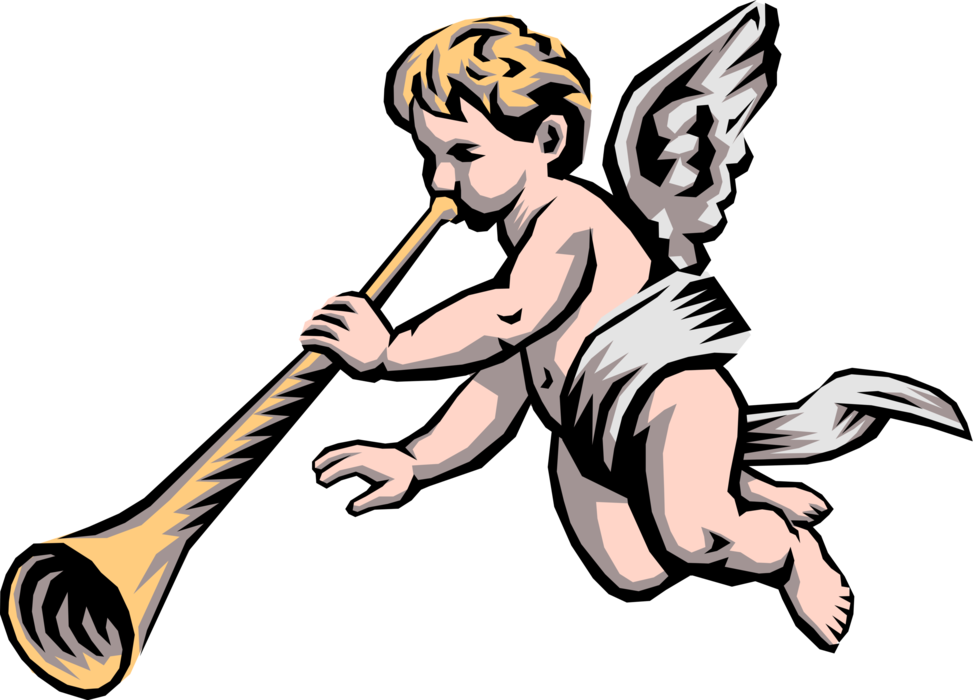 Vector Illustration Of Angelic Spiritual Cherub Angel - Baby Angel Blowing Trumpet (973x700)