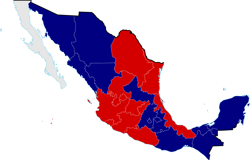 1858 Mexico Map Civil War Divisions - Liberals Vs Conservatives Mexico (1000x640)
