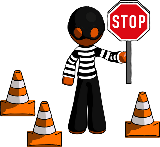 Orange Thief Man Holding Stop Sign By Traffic Cones - Stop (550x505)