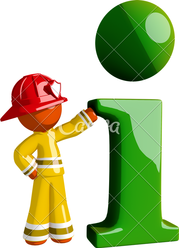 Orange Man Firefighter With Giant Info Symbol - Symbol (579x800)