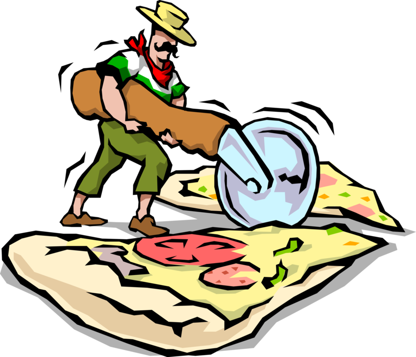 Man Slicing Pizza Royalty Free Vector Clip Art - Cutting Of Pizza Animated (814x700)