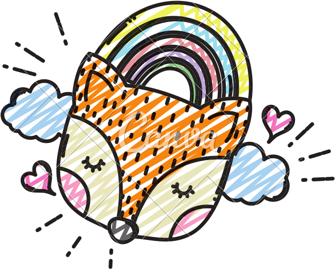 Doodle Fox Head With Rainbow Clouds And Hearts - Rainbow (800x800)