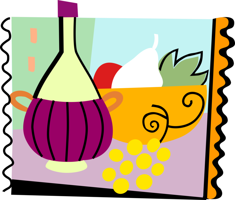 Vector Illustration Of Bottle Of Wine And Fruit Bowl - Clip Art (823x700)