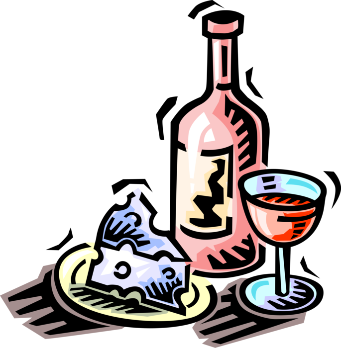 Vector Illustration Of Wine Bottle Alcohol Beverage - Wine And Cheese Clip Art (685x700)