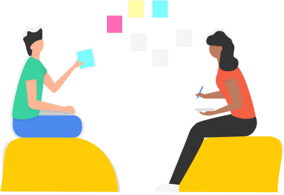 Two People Using Brightly Colored Pieces Of Paper To - Two People Brainstorming (581x400)