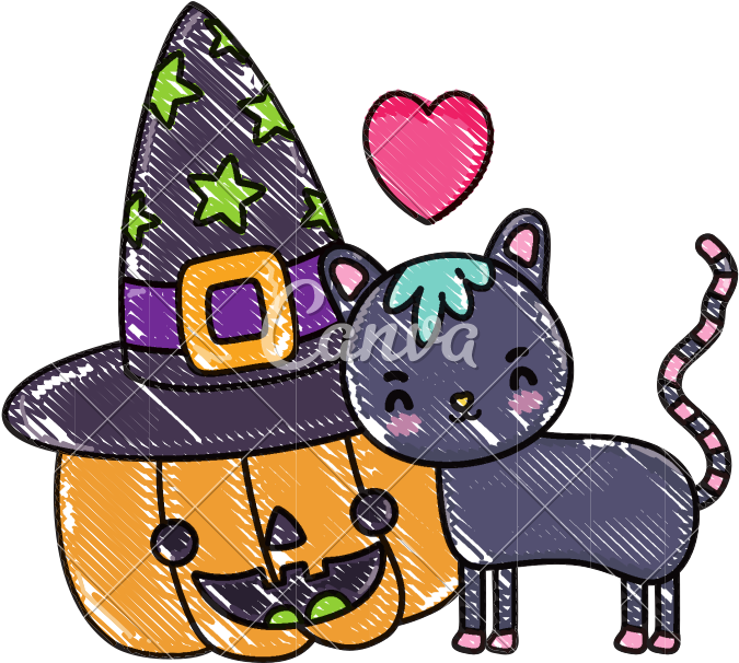 Grated Happy Pumpkin With Hat And Cute Cat - Cat (800x745)
