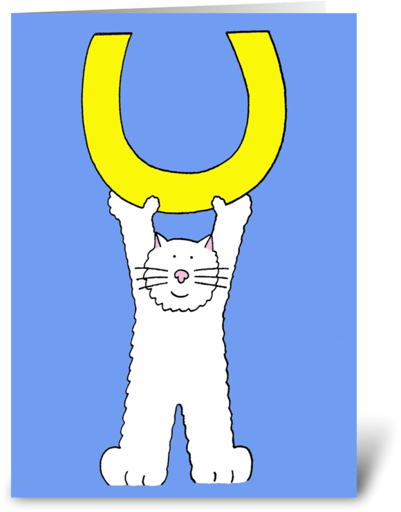 Good Luck Fluffy White Cat And Horseshoe Greeting Card - Weiße Katze Mit Pferdeschuh, Gutes Glück Postkarte (700x792)