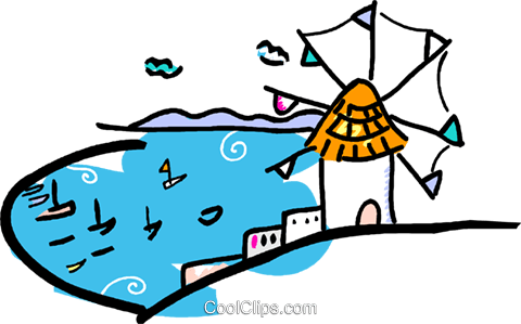 Windmill By A Lake With Sailboats Royalty Free Vector - Illustration (480x299)