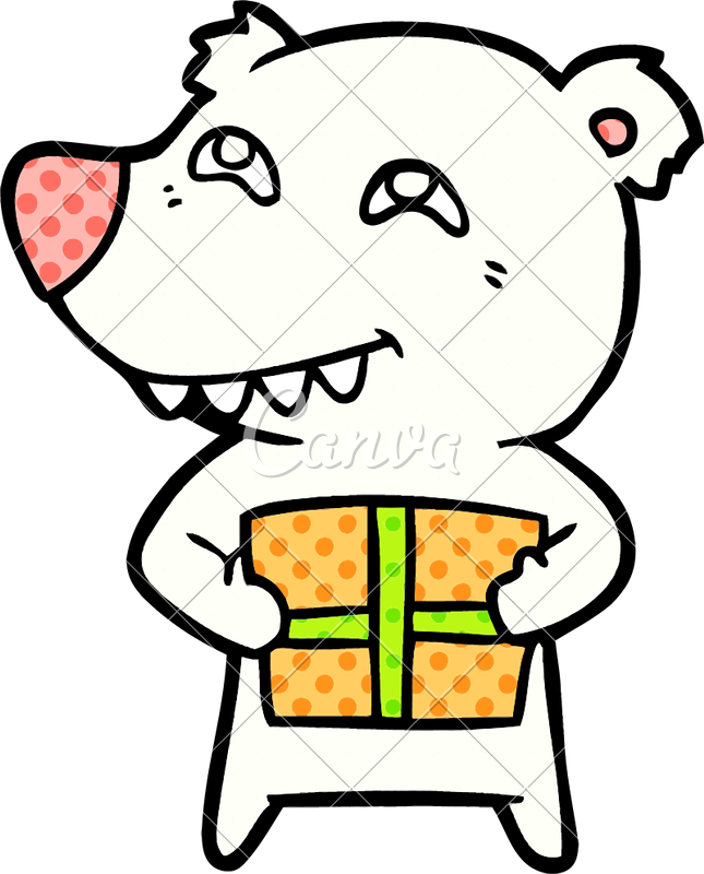 Polar Bear With Christmas Present Cartoon - Vector Graphics (645x800)
