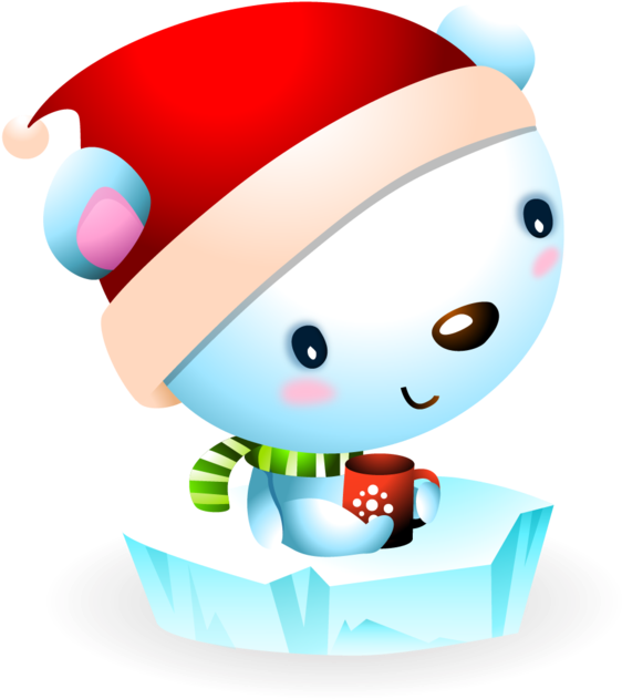 Baby Polar Bear On A Ice Floe With Santa Hat - Cartoon (630x700)