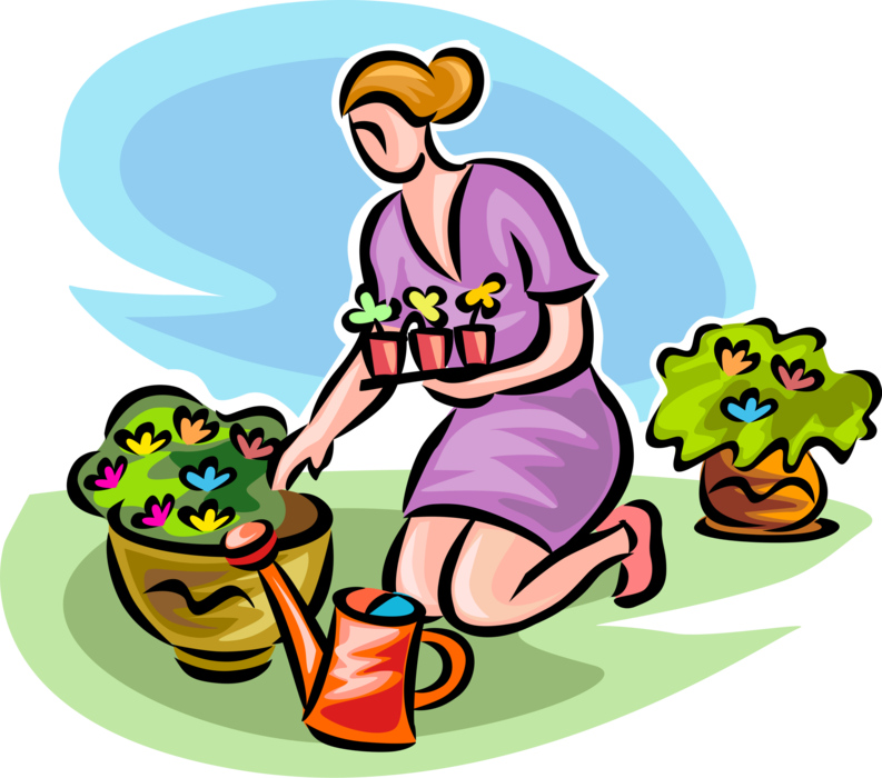 Vector Illustration Of Gardener With Watering Can Plants - Planting Flowers (793x700)
