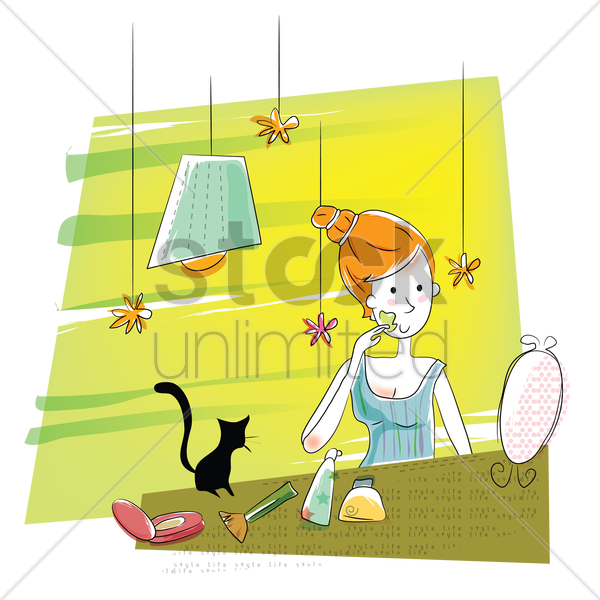 Girl Applying Makeup V矢量图形 - Cartoon (600x600)