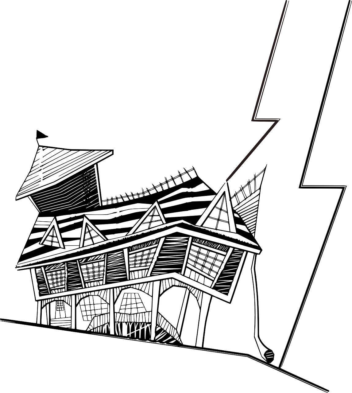 Drawing Line Art House Architecture Building - Crooked House Drawing (1147x1280)