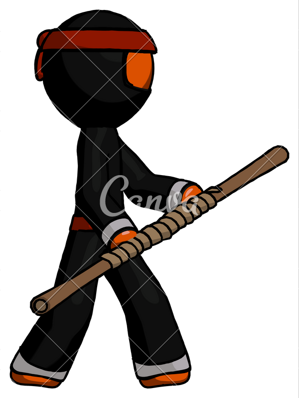 Orange Ninja Warrior Man Holding Bo Staff In Sideways - Stock Photography (600x800)