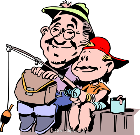Father And Son Fishing From Dock Royalty Free Vector - Grandpa And Grandson Cartoon (480x462)