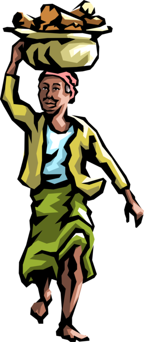 Vector Illustration Of African Native Peasant Woman - Basket On Head Cartoon (294x700)