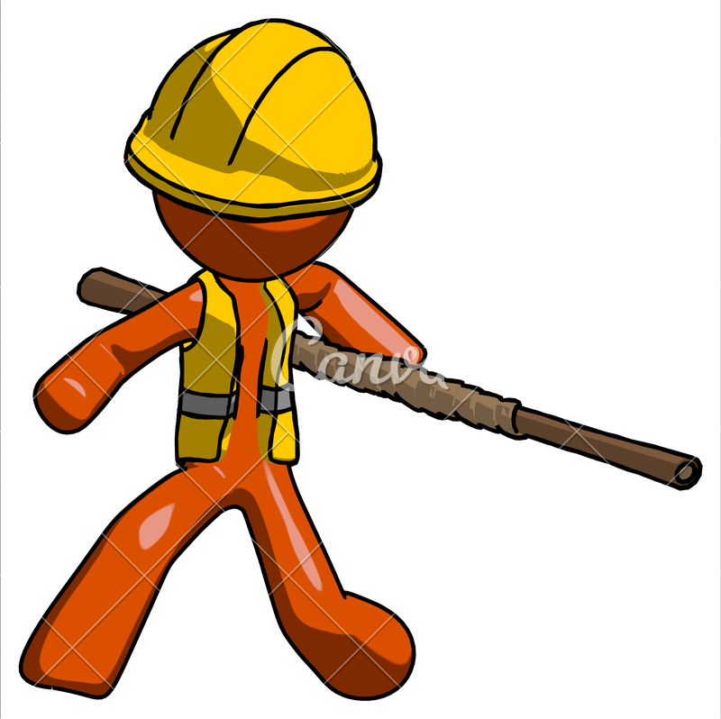 Orange Construction Worker Contractor Man Bo Staff - Cartoon (800x798)