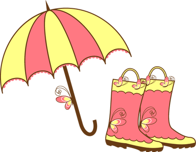 Girlie Umbrella And Galoshes For Spring - Umbrella And Boots Clipart (400x310)