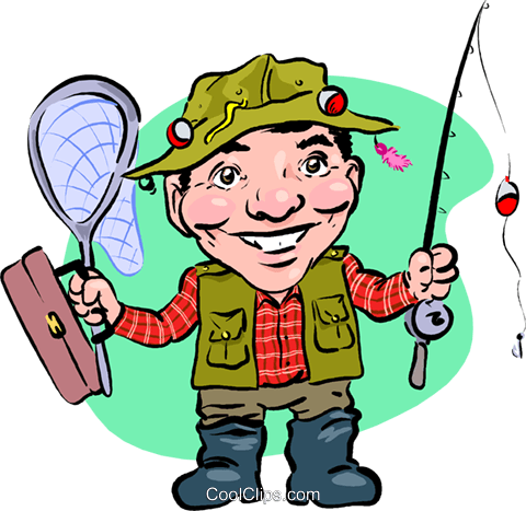 Fisherman With Pole, Net And Tackle Box Royalty Free - Clip Art (480x467)