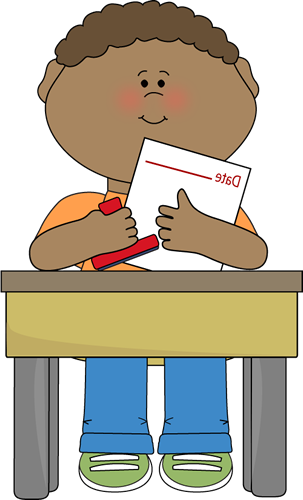 Date Stamper Classroom Job Clip Art - Boy Sitting In Desk Clipart (303x500)