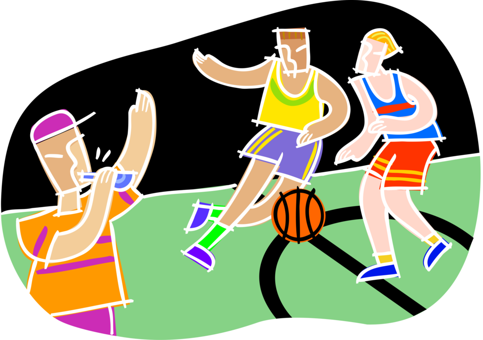 Vector Illustration Of Referee Blows Whistle For Foul - Basketball Game Illustration Free (992x700)