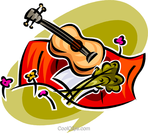 Guitar, Blanket And Some Flowers Royalty Free Vector - Illustration (480x431)